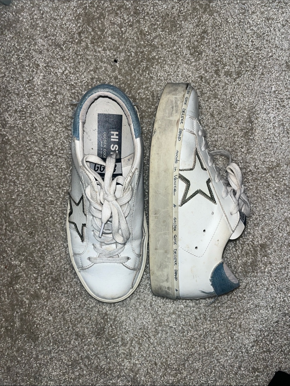 Golden Goose White Leather Sneakers with Blue Heel and Star Accent